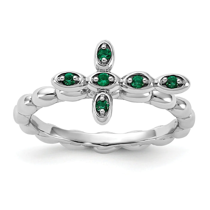 0.01 Ct Round Green Lab Created Emerald Prong Silver Stackable Cross Ring by Fine Color Jewels