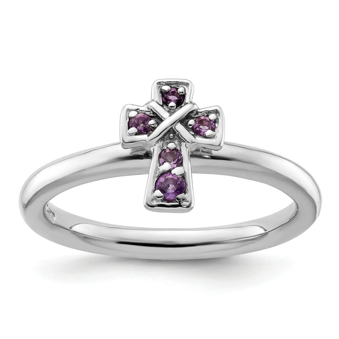 0.018 Ct Round Purple Amethyst Prong Silver Stackable Cross Ring by Fine Color Jewels