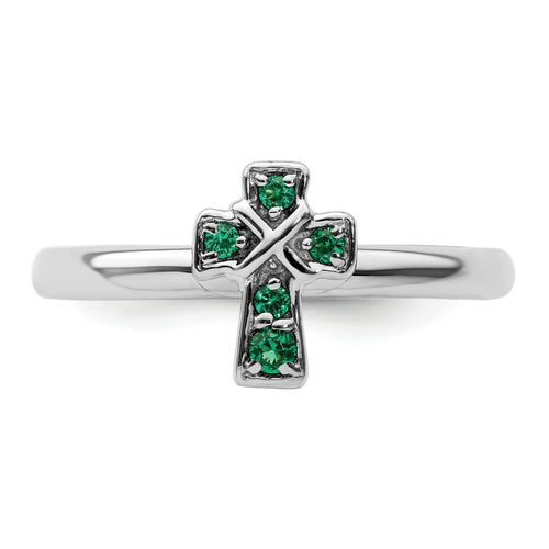 0.04 Ct Round Green Lab Created Emerald Prong Silver Stackable Cross Ring by Fine Color Jewels
