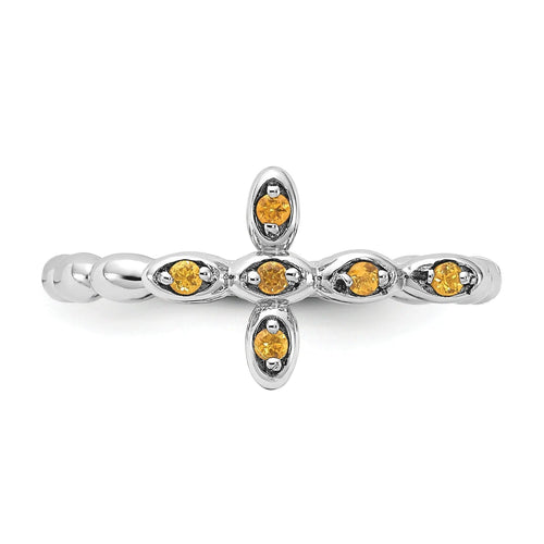 0.08 Ct Round Yellow Citrine Prong Silver Stackable Cross Ring by Fine Color Jewels