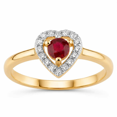 0.13 Ct Round Pink Ruby & Diamond Prong 14K Yellow Gold Halo Heart Ring by Fine Color Jewels