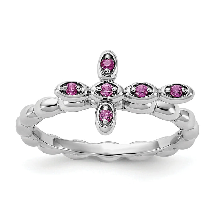 0.14 Ct Round Created Red Ruby Silver Stackable Bezel Cross Ring by Fine Color Jewels