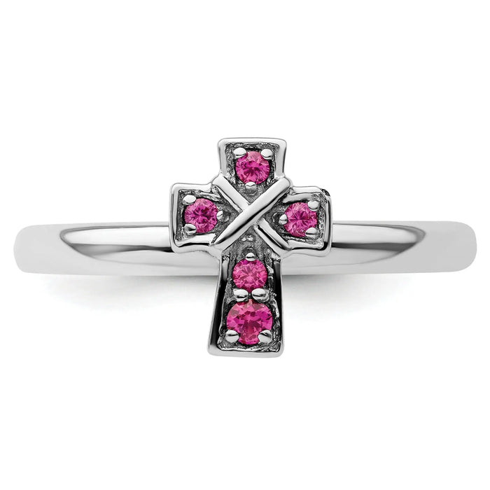 0.14 Ct Round Lab Created Red Ruby Silver Stackable Cross Bezel Ring by Fine Color Jewels