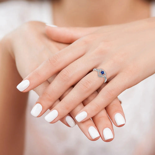0.15 Ct Round Blue Sapphire & Diamond Prong 14K White Gold Pavé Triangle Ring by Fine Color Jewels