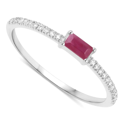 0.16 Ct Baguette Pink Ruby & Diamond Prong 14K White Gold Stackable Pave Ring by Fine Color Jewels