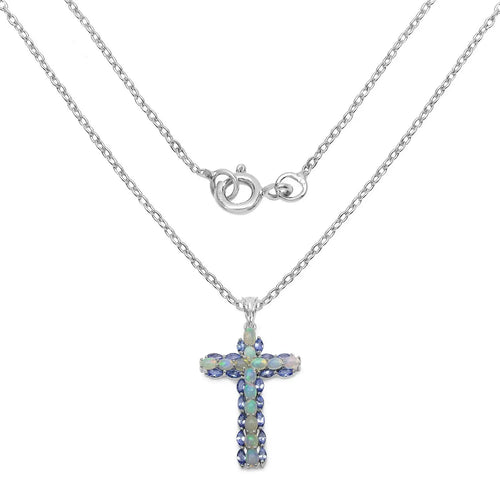 0.16 Ct Oval White Ethiopian Opal Prong Rhodium Plated Silver Cross Necklace by Fine Color Jewels
