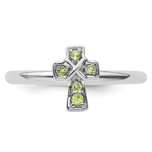 0.16 Ct Round Green Peridot Prong Silver Stackable Cross Ring by Fine Color Jewels