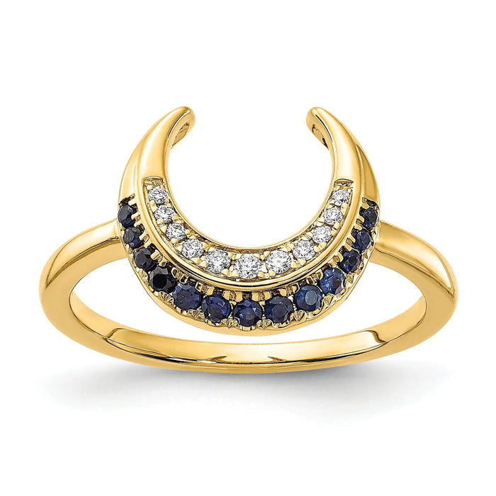 0.25 Ct Round Blue Sapphire & Diamond Pavé 14K Yellow Gold Horseshoe Curved Band Moon Ring by Fine Color Jewels