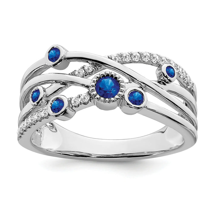 0.27 Ct Round Blue Sapphire Diamond White Gold Bezel Set Criss Cross Band Ring by Fine Color Jewels