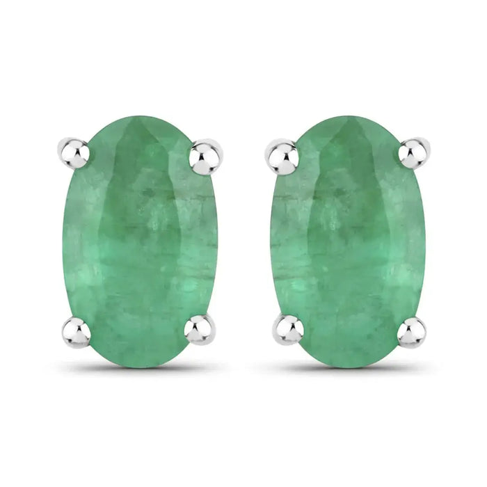 0.38 Ct Oval Green Zambian Emerald Prong 10K Gold Stud Earrings by Fine Color Jewels