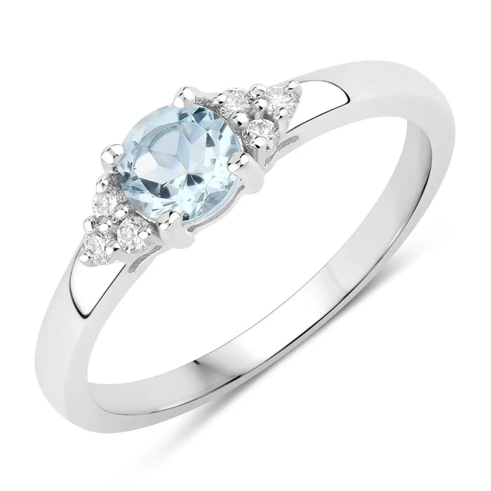 0.38 Ct Round Blue Aquamarine and Lab Diamond Prong Silver Cocktail Ring by Fine Color Jewels