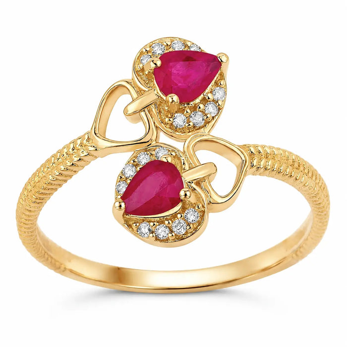 0.40 Ct Pear Pink Mozambique Ruby & Diamond Prong 14K Yellow Gold Halo Heart Bypass Ring by Fine Color Jewels