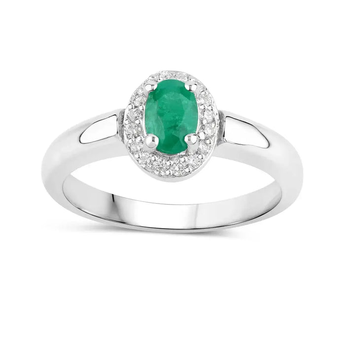 0.44 Ct Oval Green Zambian Emerald & Lab Grown Diamond Prong Silver Halo Engagement Ring by Fine Color Jewels