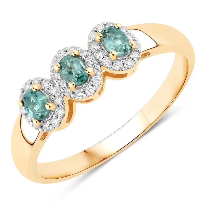 0.46 Ct Green Genuine Alexandrite and Diamond 18K Yellow Gold Three Stone Halo Ring by Fine Color Jewels