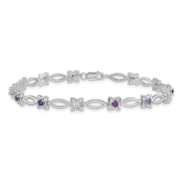 0.47 Ct Round Purple Amethyst & Diamond Prong Sterling Silver Floral Link Bracelet by Fine Color Jewels
