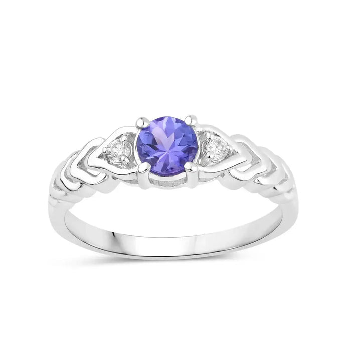 0.47 Ct Round Violet Tanzanite and Lab Diamond Prong Silver Three Stone Ring by Fine Color Jewels
