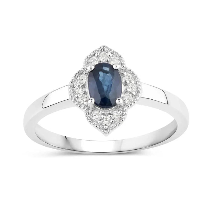 0.48 Ct Oval Blue Sapphire and Lab Diamond Prong Silver Halo Floral Ring by Fine Color Jewels