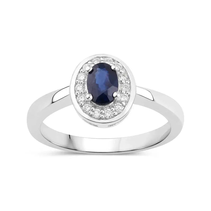 0.48 Ct Oval Blue Sapphire Lab Diamond Prong Silver Halo Statement Ring by Fine Color Jewels