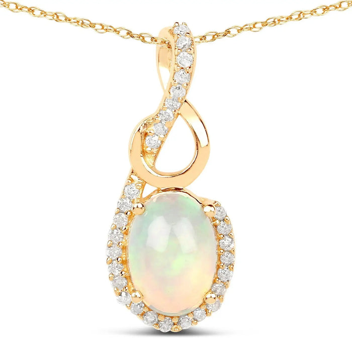 0.48 Ct Oval White Opal & Diamond Prong 14K Gold Plated Silver Crossover Pendant Necklace by Fine Color Jewels