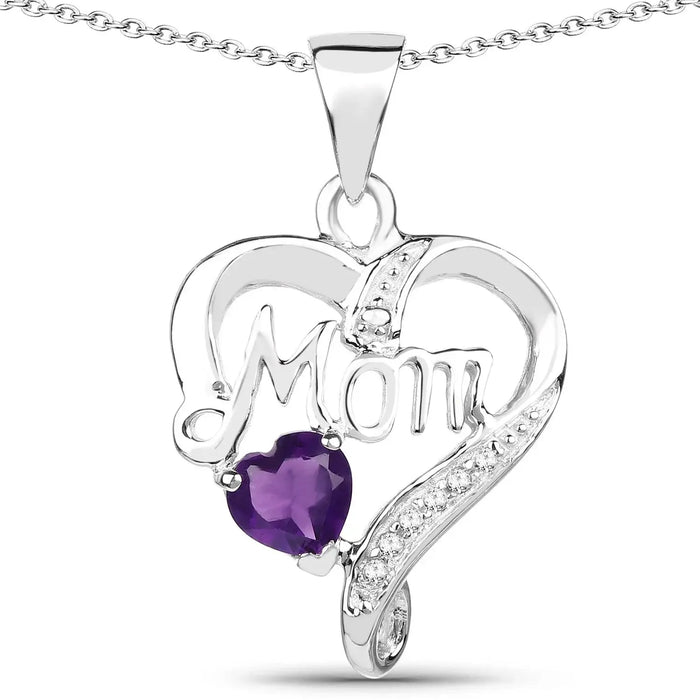 0.49 Ct Heart Purple Amethyst Prong Silver Mom Pendant Necklace by Fine Color Jewels