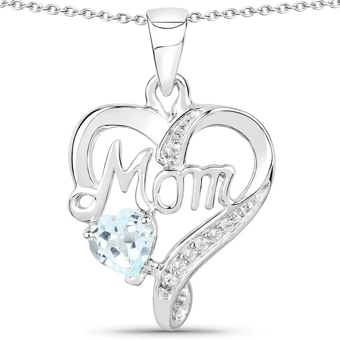 0.50 Ct Heart Blue Topaz Prong Silver Double Heart Mom Pendant Necklace by Fine Color Jewels