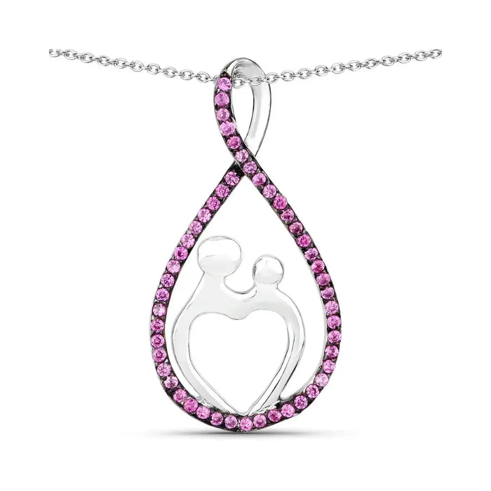 0.50 Ct Round Pink Lab Grown Ruby Prong Silver Mom Heart Pendant Necklace by Fine Color Jewels