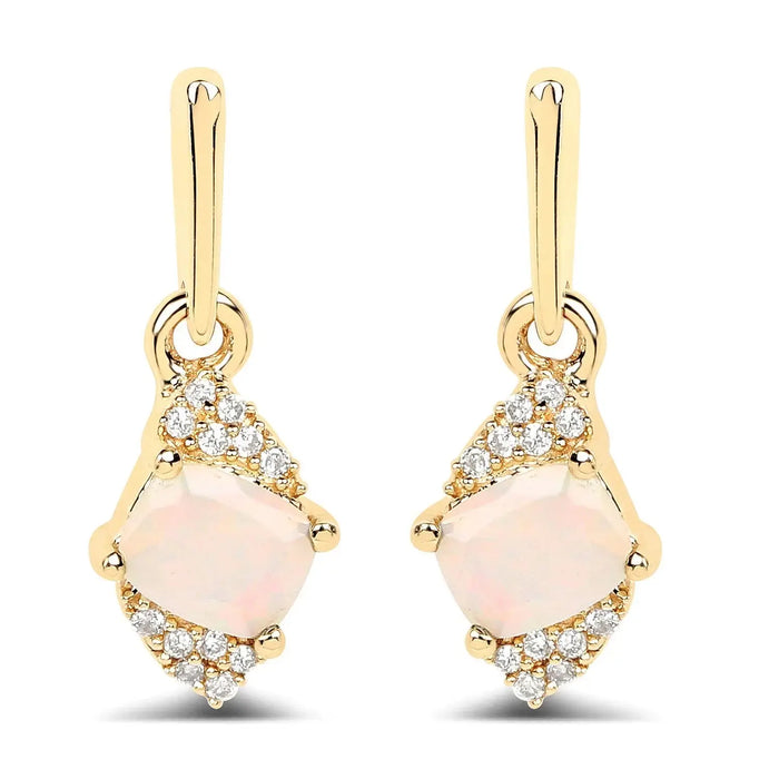 0.50 Ct White Opal & Diamond Prong 14K Yellow Gold Dangle Earrings by Fine Color Jewels