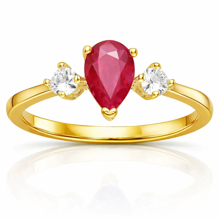 0.55 Ct Pear Red Ruby 22k Gold Vermeil Three Stone Prong Teardrop Ring by Fine Color Jewels