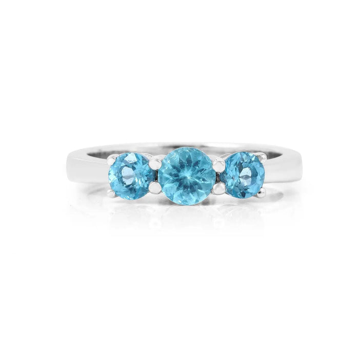 0.55 Ct Round Natural Blue Paraiba Apatite Prong Rhodium Silver Three Stone Ring by Fine Color Jewels
