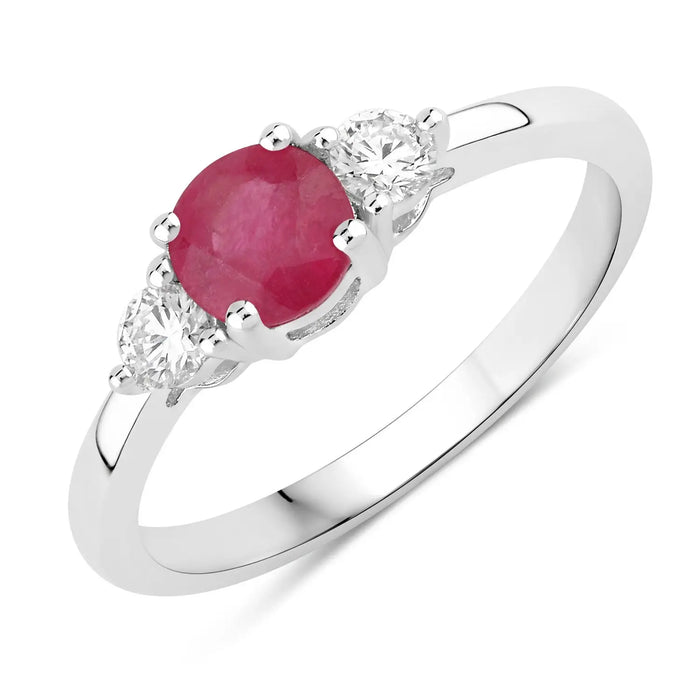 0.55 Ct Round Pink Mozambique Ruby & Lab Diamond Prong Silver Three Stone Ring by Fine Color Jewels