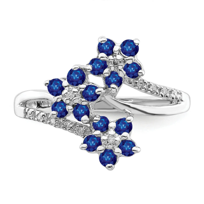0.6 Ct Blue Sapphire & Diamond Prong Rhodium-Plated Sterling Silver Three-Flower Ring by Fine Color Jewels