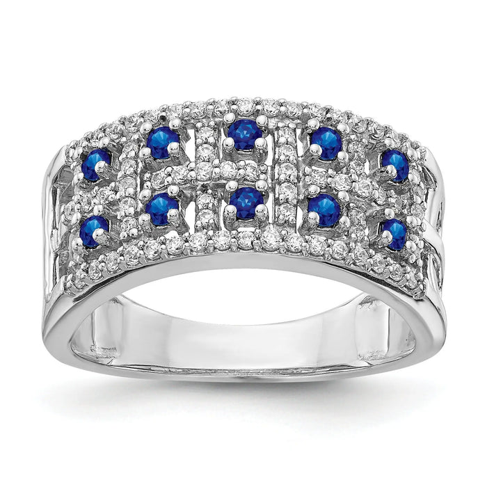 0.6 Ct Round Blue Sapphire & Diamond Prong 14K White Gold Two-Row Band Ring by Fine Color Jewels