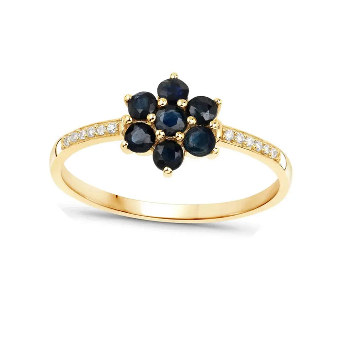 0.60 Ct Round Blue Sapphire and White Diamond Prong 10K Gold Floral Pave Ring by Fine Color Jewels