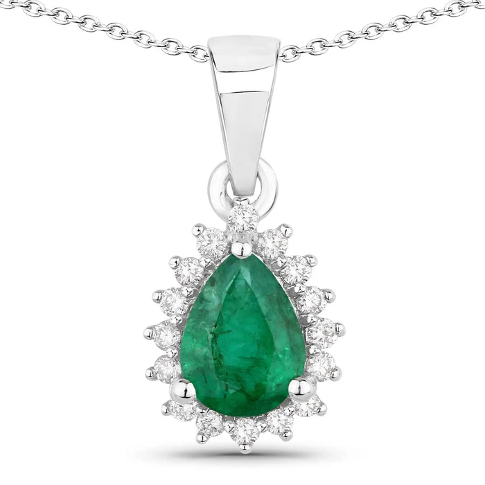0.65 Ct pear Green Zambian Emerald and Lab Diamond Prong Silver Halo teardrop pendant Necklace by Fine Color Jewels