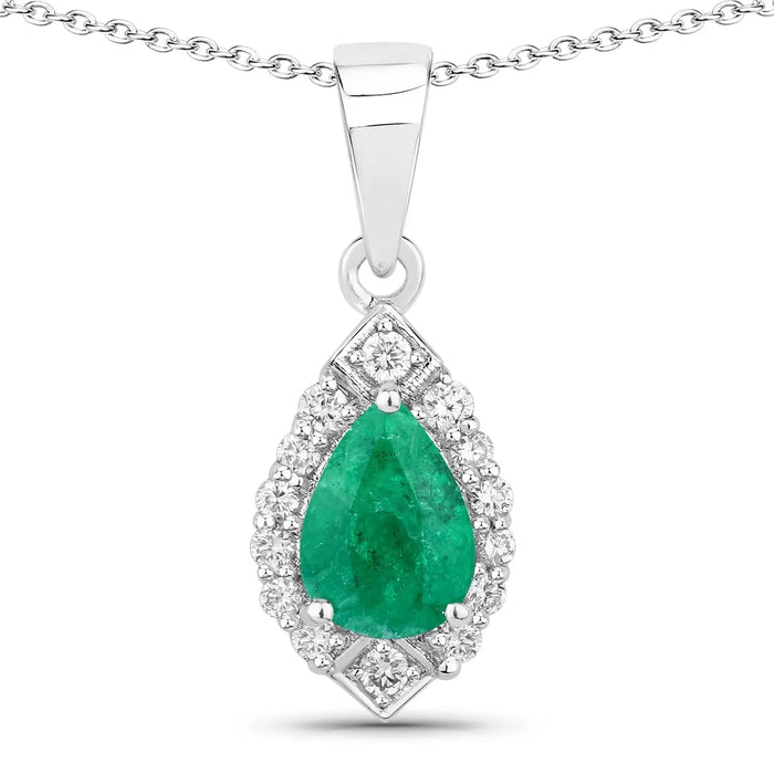 0.65 Ct Pear Green Zambian Emerald & Lab Diamond Prong Silver Teardrop Halo Pendant Necklace by Fine Color Jewels
