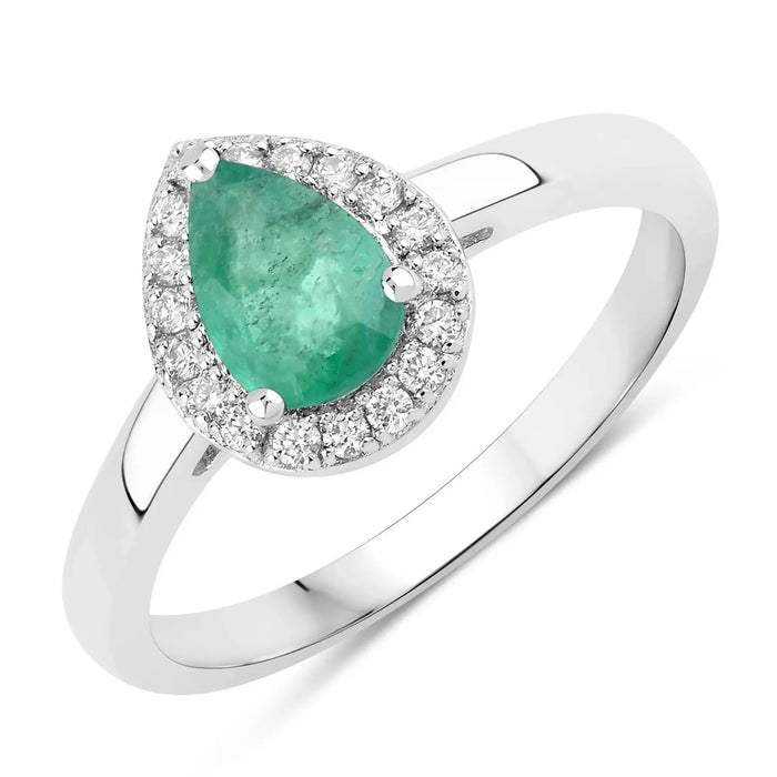 0.65 Ct Pear Green Zambian Emerald & Lab Diamond Prong Silver Halo Ring by Fine Color Jewels
