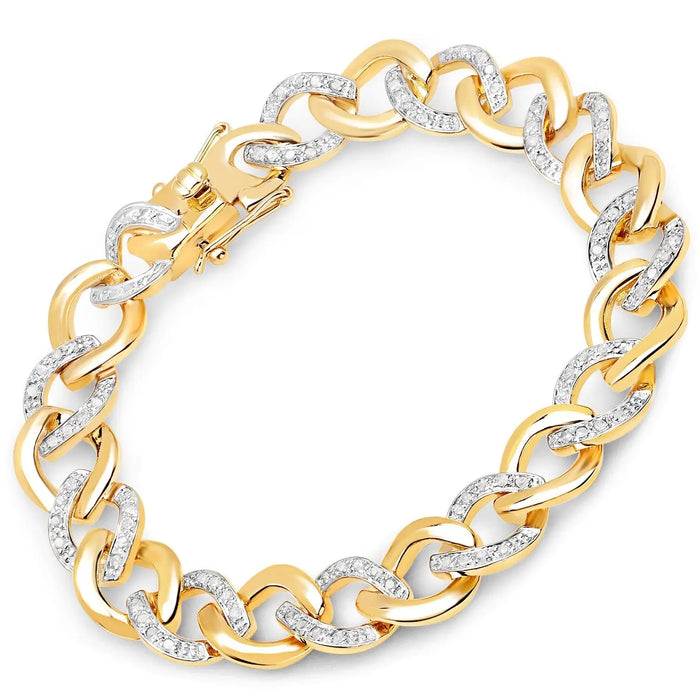 0.70 Ct Round White Diamond Prong Yellow Gold Plated Sterling Silver Cuban Chain Link Bracelet by Fine Color Jewels
