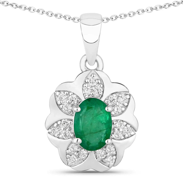 0.72 Ct Oval Green Zambian Emerald & Diamond Prong Silver Floral Pendant Necklace by Fine Color Jewels