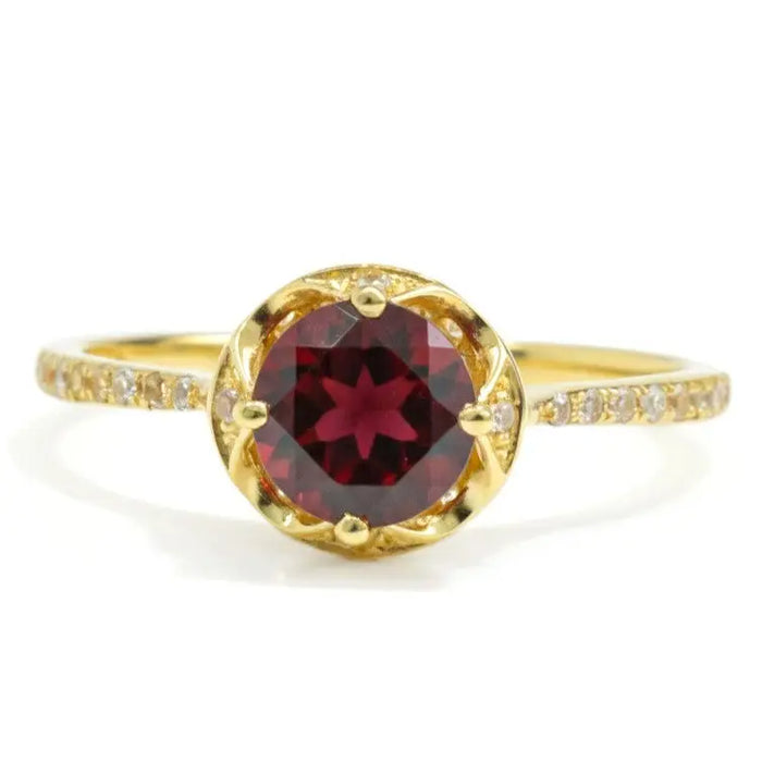 0.72 Ct Round Red Garnet and White Topaz Prong Silver Pave Ring by Fine Color Jewels
