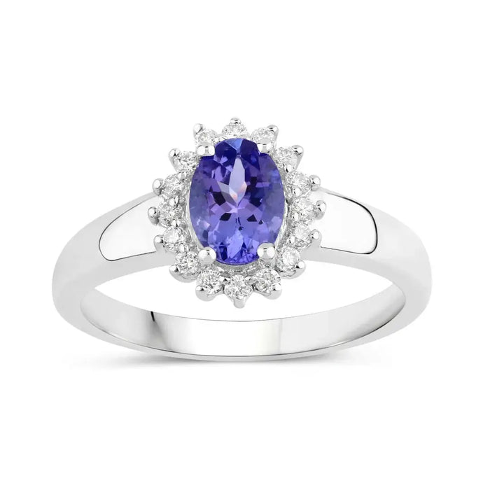 0.75 Ct Oval Violet Tanzanite and Lab Diamond Prong Silver Halo Floral Ring by Fine Color Jewels