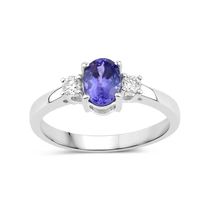 0.75 Ct Oval Violet Tanzanite and Lab Diamond Prong Silver Three Stone Ring by Fine Color Jewels