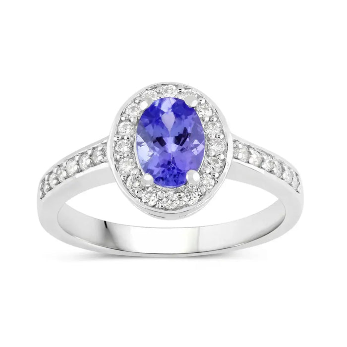 0.75 Ct Oval Violet Tanzanite & Lab Diamond Prong Silver Pave Halo Bridge Ring by Fine Color Jewels