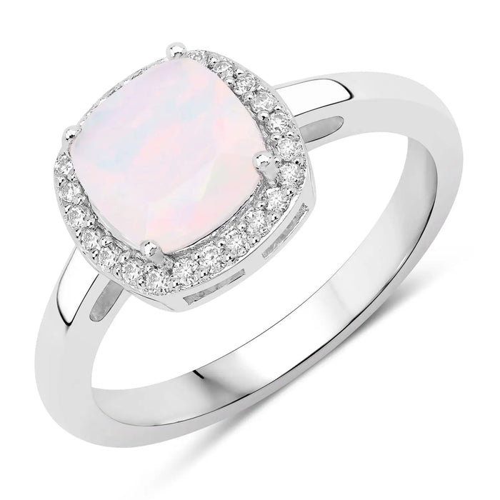 0.80 Ct Cushion Ethiopian Opal & Lab Diamond Prong Sterling Silver Halo Ring by Fine Color Jewels