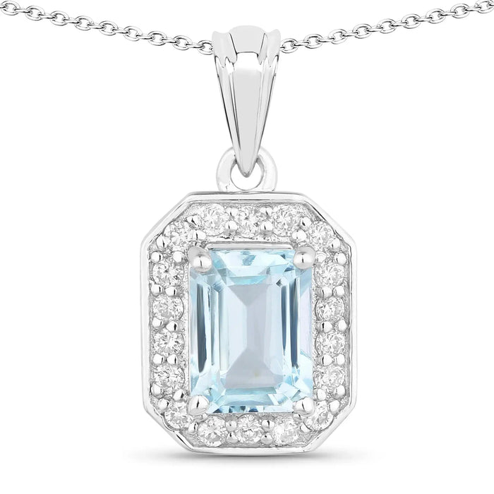 0.80 Ct Octagon Blue Aquamarine Lab Diamond Prong Silver Halo Pendant Necklace by Fine Color Jewels