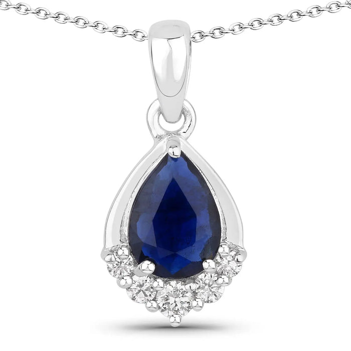 0.80 Ct Pear Blue Sapphire & Lab Diamond Prong Silver Teardrop Pendant Necklace by Fine Color Jewels