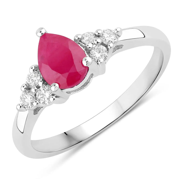0.80 Ct Pear Pink Mozambique Ruby and Lab Diamond Prong Silver Cocktail Ring by Fine Color Jewels