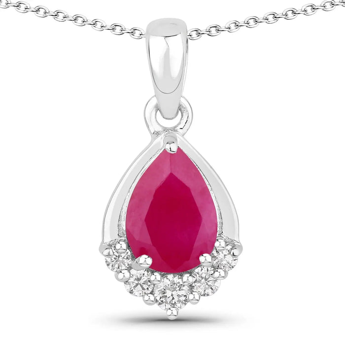 0.80 Ct Pear Pink Mozambique Ruby & Lab Diamond Prong Silver Teardrop Pendant Necklace by Fine Color Jewels