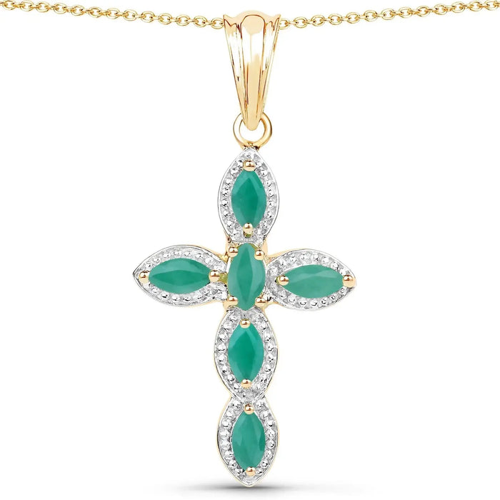 0.84 Ct Marquise Green Emerald Prong Silver Cross Pendant Necklace by Fine Color Jewels