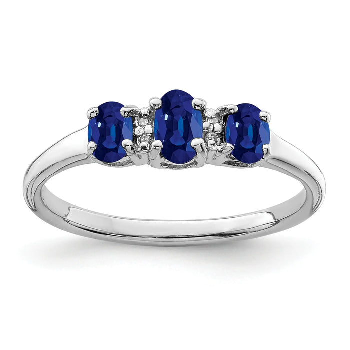 0.85 Ct Oval Blue Sapphire & Diamond Prong Rhodium-Plated Sterling Silver Three Stone Ring by Fine Color Jewels