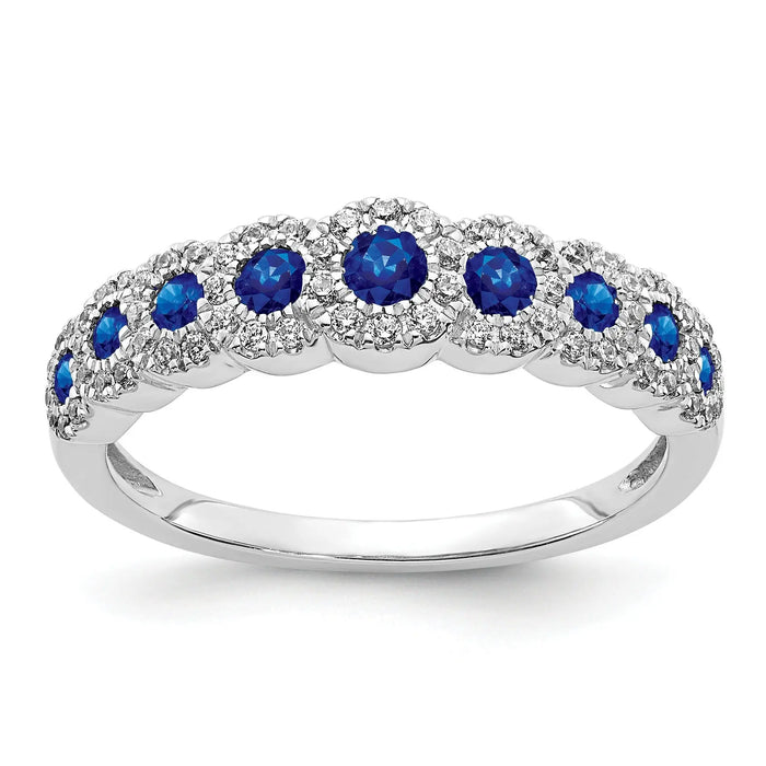 0.86 Ct Round Blue Sapphire & Diamond Prong 14K White Gold Eternity Halo Ring by Fine Color Jewels